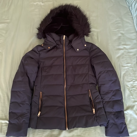 Zara Quilted Down Puffer Jacket with Faux Fur Textured Hood Navy & Gold - Picture 9 of 13